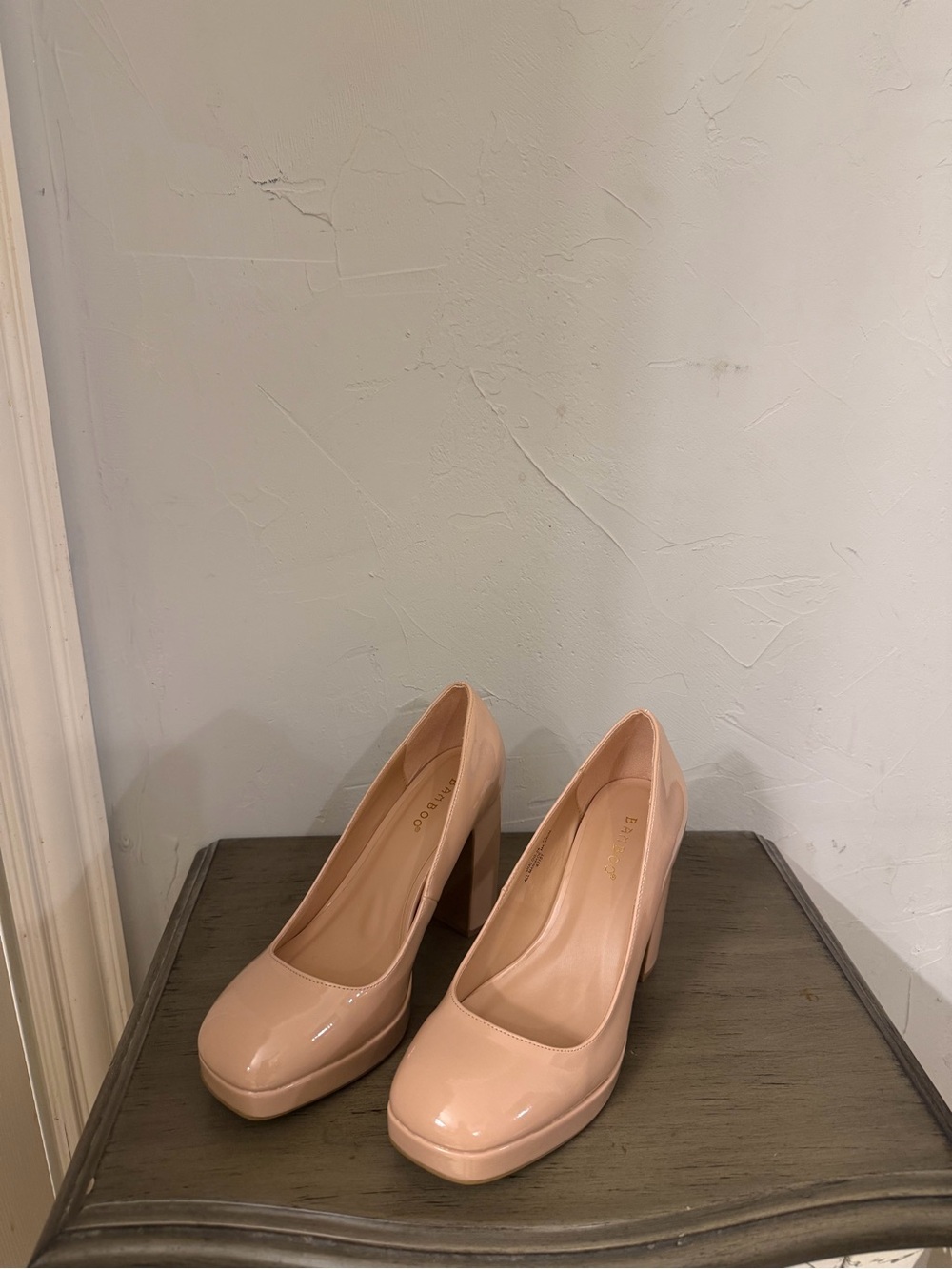 BAMBOO Blush Patent Platform Block Heels